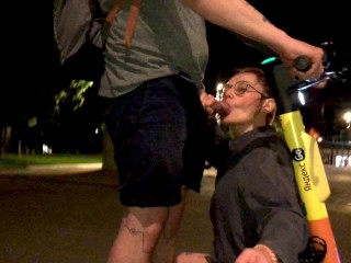 Public Exhibitionist Sex. Blowjob on an Electric Scooter