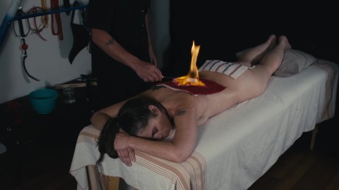 BDSM FIRE PLAY + Fucked and Creampied on the Massage Table