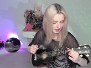 Preview 1 of Hot blonde girl playing on ukulele and singing in naughty outfit