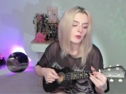 Preview 2 of Hot blonde girl playing on ukulele and singing in naughty outfit