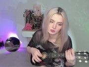 Preview 3 of Hot blonde girl playing on ukulele and singing in naughty outfit