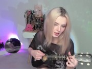 Preview 5 of Hot blonde girl playing on ukulele and singing in naughty outfit