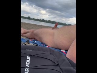 hands free cum, nude beach, solo male, public