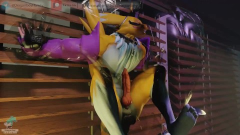 Hombre grande y musculoso lagarto, diferencia de tamaño Renamon y flamedramon gay Furry BBC -V2-