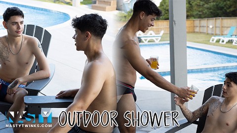 NastyTwinks - Outdoor Shower - Jay Angelo Takes Shower When Jordan Haze Joins, Bareback Shower Fuck