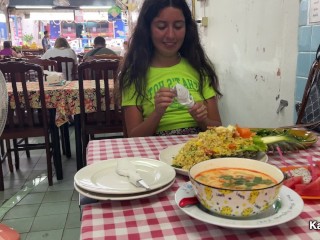 Lustful Kathy Eats Lunch in an Asian Cafe without Panties and Flashing Pussy