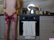 Preview 1 of Naked housewife with octopus tattoo on ass cooks dinner