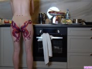 Preview 3 of Naked housewife with octopus tattoo on ass cooks dinner