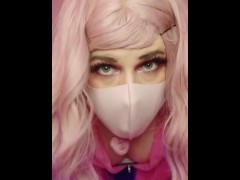 Slutty trans bimbo slamming herself with a dildo until cumming