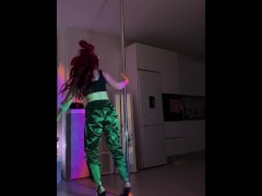 Twerk and pole dance Redhair student with big ass