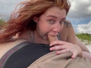 Preview 4 of Slutty Redhead gives me a risky public blowjob on the beach throatpie