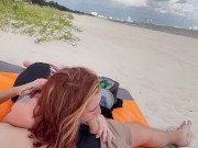 Preview 5 of Slutty Redhead gives me a risky public blowjob on the beach throatpie
