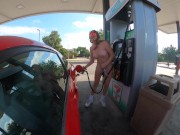 Preview 4 of CLOTHING ABANDONMENT at PUBLIC GAS STATION - busty babe pumps gas fully naked, tits and pussy out!