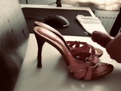 Cumshot over High Heel Wooden Playboy Mules