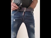 Preview 2 of Fetisch Leather shirt  und Jeans Dsquared2 Masturbation with sperm