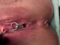 Pee very strong stream from my Pierced Pussy and my hands in Latex Glove