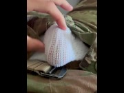 army solider jerks off in shorts and while wearing a jock strap under his military uniform