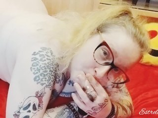 natural tits, solo female, blonde, smoking fetish