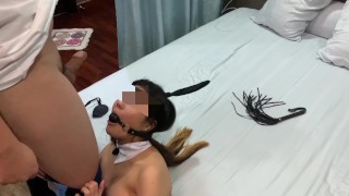 BDSM - Blindfolded Playboy bunny maid GOT tease with whips n face fucked hard till cum on her face