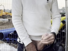 Outdoors exhibitionist horny, uncut big cock man masturbates on early morning walk. Cums in open air