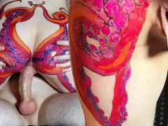 Horny stepsister with octopus tattoo on butt sucks dick and and gets huge load of cum in pussy