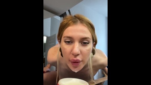 Cute Kitty Drinks Milk from a Bowl Absolutely Naked