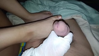 Doing my first footjob + jerking with nylon lingerie socks