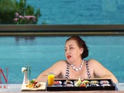 Preview 1 of Regina Noir. Tits teasing at swimming pool. Nudist hotel. Nudism outdoors.