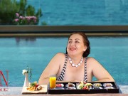 Preview 2 of Regina Noir. Tits teasing at swimming pool. Nudist hotel. Nudism outdoors.