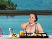 Preview 4 of Regina Noir. Tits teasing at swimming pool. Nudist hotel. Nudism outdoors.
