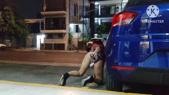 Sissy anally drinking a beer on the street!