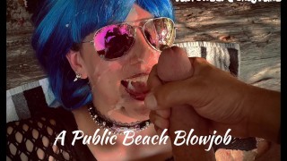 18-jarige goth meid zuigt gigantische lul op openbaar strand