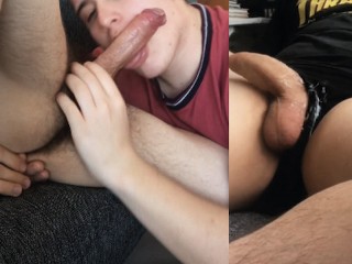 Sucking my Stepbrother's Cock when he Gets up and Jerking off really Hard after Training