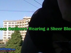MILF Braless outdoors wearing a Sheer Blouse - Screenshot 1 of 16 - Milf