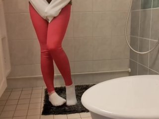 hot pants, small tits, peeing, public