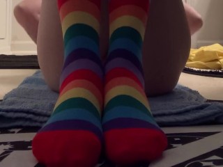 Peeing in White Panties and Rainbow Thigh High Socks