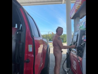 Pumping Gas Naked and nearly got Caught Twice. one Guy saw me for Sure!