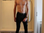 Preview 1 of Fit man in black leggings touching himself for your pleasure
