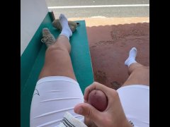 jerking at busstop with cars driving by and caught when cumming
