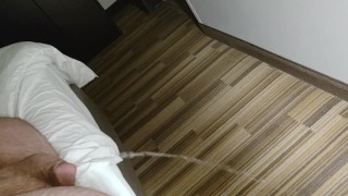 Lang plassen op tapijt van bed in hotelkamer met scheet