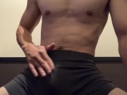 Preview 1 of Wild, muscular man aroused by adult big tits video masturbates and ruts.