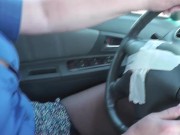 Preview 3 of In stockings without panties under mini skirt sexy blonde driving car. Naked in public MILF pussy