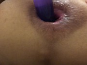 Preview 2 of Homemade promo video of fisting and dildo with double purple dildo with orgasm