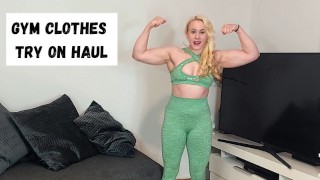 GYMGIRL try on haul leggings yoga pants sports bra MILF blonde muscle girl