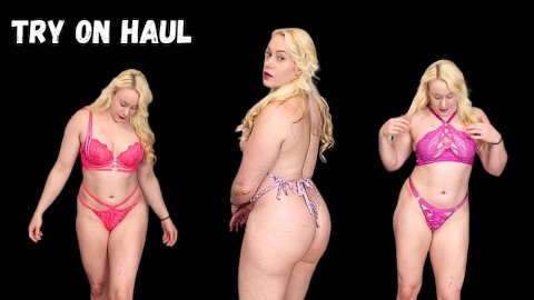 Pink lingerie try on haul milf blonde thong panties bra