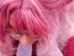 Chub trans sucks dildo walking down a public street!