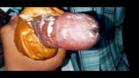 fuck cream bun . moaning the virgin guy's dick with a cream bun. cum pouring onto the bun.