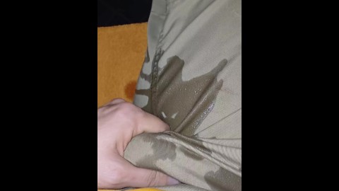 Desperate hissing piss in work pants