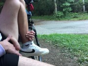 Preview 1 of Taking cock out in public, getting it hard, jerking and cumming.