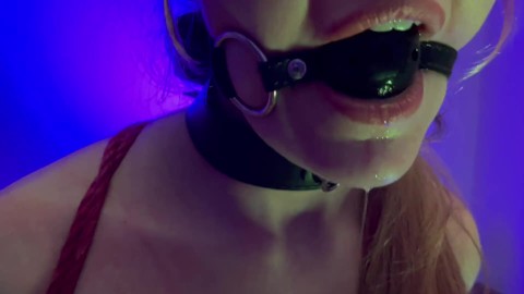 Ballgag, dripping, blindfolded in bondage